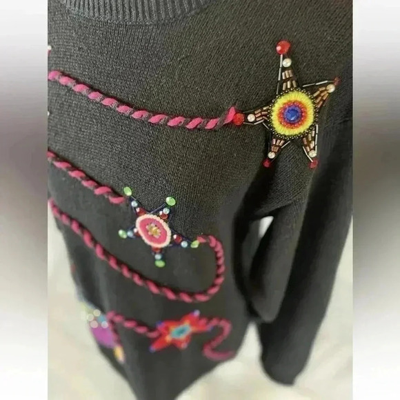 Vintage boho Western chic Cowboy Sweater Black beaded Jewel boots star Woman’s M - Picture 9 of 13